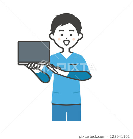一名身穿工作服的男子手持筆記型電腦的插圖 128941101