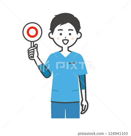 一名身穿工作服的男子手持正確答案卡的插圖 128941103