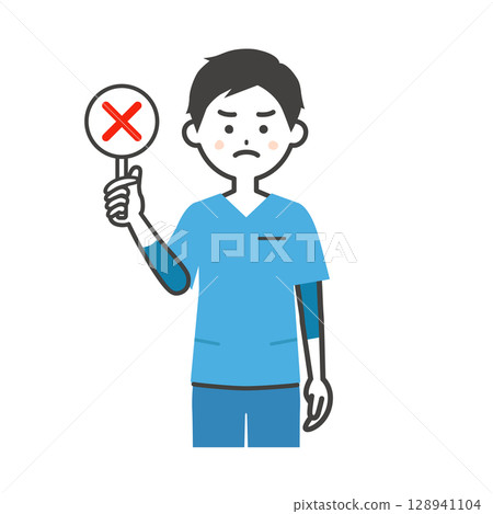 一名身穿工作服的男子手持錯誤答案卡的插圖 128941104