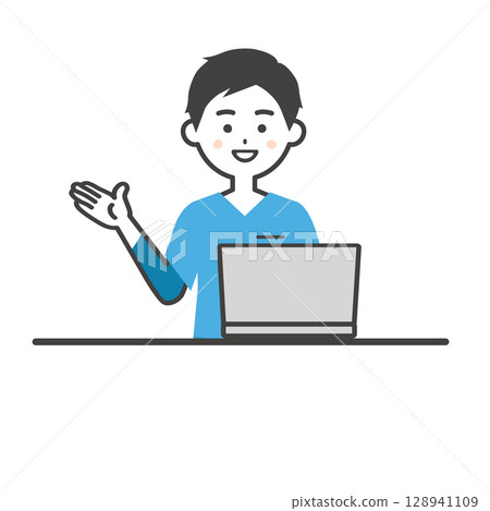 一名身穿工作服的男子正在使用筆記型電腦的插圖 一名身穿工作服的男子正在使用筆記型電腦的插圖 128941109