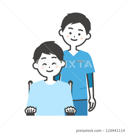 一名身穿灌木叢的男子和一名坐在輪椅上的男子的插圖 128941114