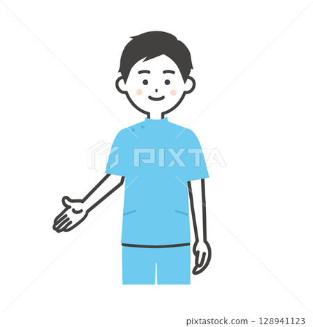 一名身穿凱西服裝的男子用手指著下方的插圖 一名身穿凱西服裝的男子用手指著下方的插圖 128941123