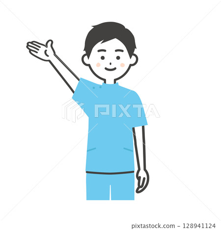 一名身穿凱西服裝的男子指向上方的插圖 一名身穿凱西服裝的男子指向上方的插圖 128941124