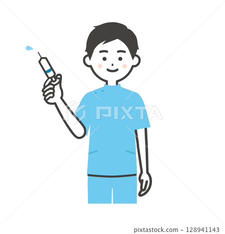 Illustration of a man in a casey costume holding a syringe 128941143