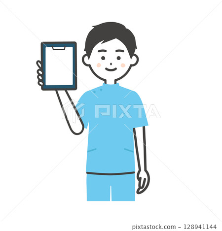 Illustration of a man in a suit holding a binder 128941144