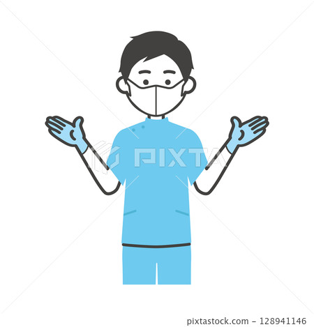 一名男子戴著橡膠手套和口罩的插圖 128941146