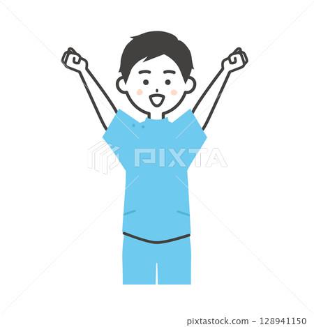 一名身穿凱西服裝的男子舉起雙拳的插圖 128941150