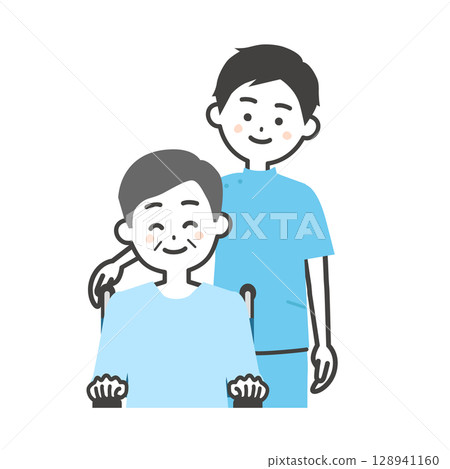 一名坐在輪椅上的男子和坐在輪椅上的老人的插圖 128941160