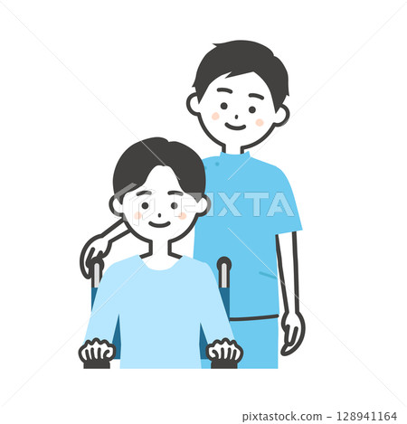 一個坐在輪椅上的男人和一個坐在輪椅上的男孩的插圖 128941164