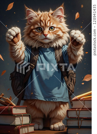 Cute fluffy cat hiding inside school backpack 128941435