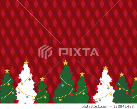 雪花飄落，聖誕樹框架設計。聖誕色彩格子背景材質。 128941458