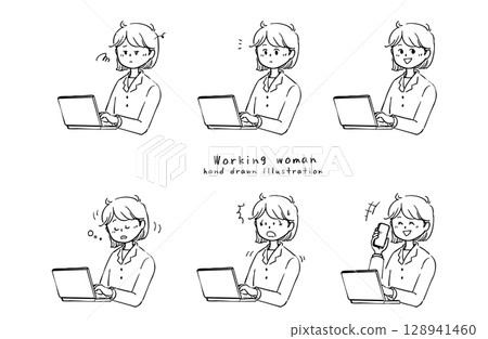 穿著西裝工作的女性的線條畫插圖集 穿著西裝工作的女性的線條畫插圖集 128941460