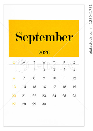 Calendar September 2026 flat style isolated on white background. 128941781