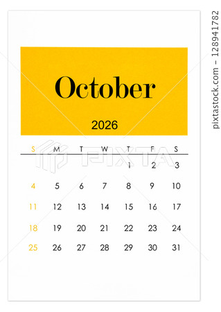 Calendar October 2026 flat style isolated on white background. 128941782