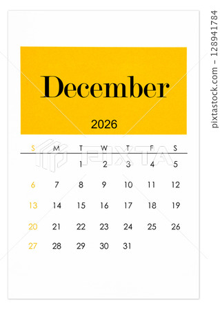 Calendar December 2026 flat style isolated on white background. 128941784