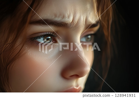 Facial expressions of a young woman expressing anxiety, conflict, sadness and tension 128941931