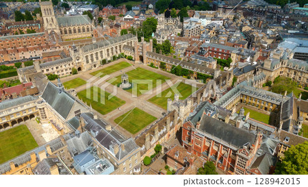 Aerial view of historical Cambridge University colleges and buildings showing courtyards and Aerial view of historical Cambridge University colleges and buildings showing courtyards and 128942015