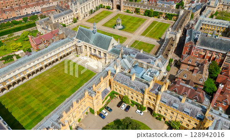 Aerial view of Cambridge University showing courtyards and buildings 128942016