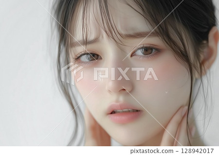 一位年輕女子悲傷地流下了眼淚。一個女孩焦慮地哭泣 一位年輕女子悲傷地流下了眼淚。一個女孩焦慮地哭泣 128942017