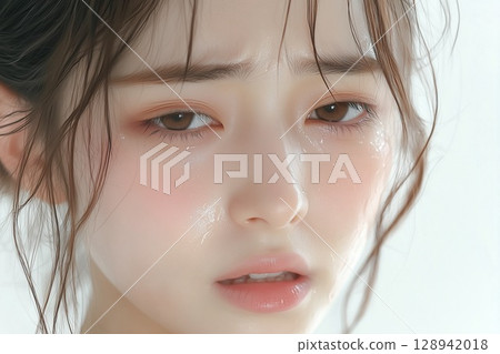 一位年輕女子悲傷地哭泣 一位年輕女子悲傷地哭泣 128942018