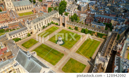 Aerial view of a green courtyard at Cambridge University in England Aerial view of a green courtyard at Cambridge University in England 128942092