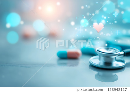 Medical image of blue heart-shaped pills and a stethoscope on a clean, soft white background 128942117