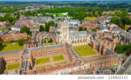 Aerial view of Cambridge University showing the chapel, colleges and courtyards in UK Aerial view of Cambridge University showing the chapel, colleges and courtyards in UK 128942131