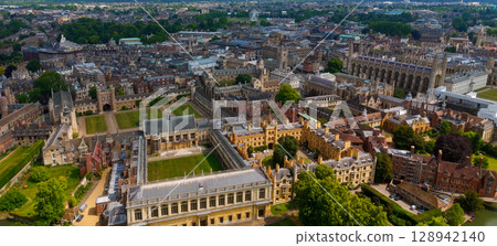 Cambridge University campus buildings and surrounding urban area from above 128942140