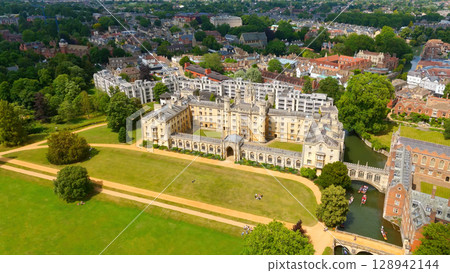 Aerial view of St John's College, showcasing Cambridge University's historic architecture and vast 128942144
