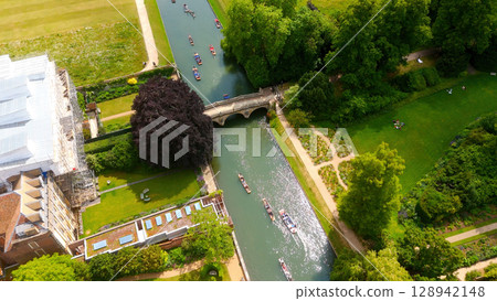 Punting on the River Cam in Cambridge, aerial view of people enjoying summer day Punting on the River Cam in Cambridge, aerial view of people enjoying summer day 128942148