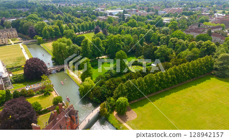 Aerial view of Cambridge University's Backs in summer, featuring punting on the River Cam 128942157