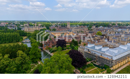 Cambridge University buildings and river Cam seen from above on a sunny summer day 128942211