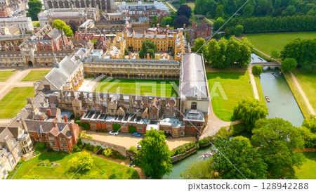Cambridge University buildings and River Cam on a sunny summer day, aerial view from a high vantage 128942288