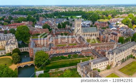 Cambridge University buildings and river Cam seen from above, aerial view of historical colleges and 128942291