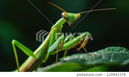 Close-up of a green praying mantis on a leaf with dark natural background 128942376