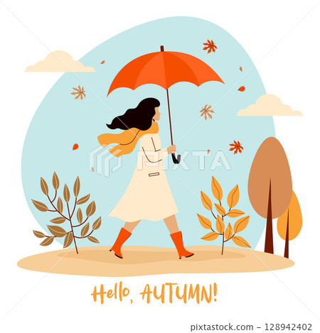 Elegant fall girl in raincoat under falling maple leaves with red umbrella. Hello Autumn card. Autumnal landscape with trees and bushes. Vector illustration. Not AI 128942402