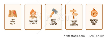 Vector set of camping quote cards with compass, axe, map, fire, and signs. Inspirational phrases for outdoor life and hiking adventures in flat style 128942404