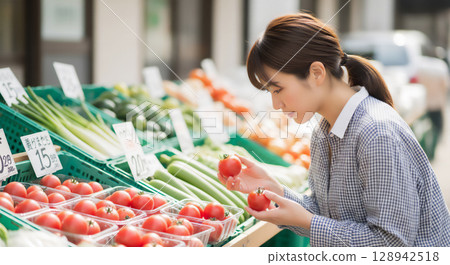 Woman buying vegetables Woman buying vegetables 128942518