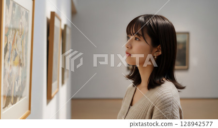 一位女士在藝術博物館欣賞藝術品的肖像 128942577