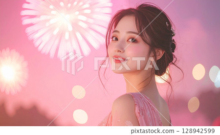 Natural smiling young woman with summer festival fireworks in the background 128942599
