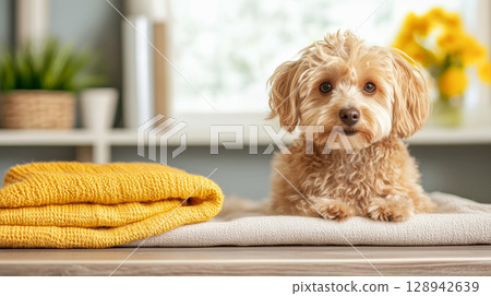 Cute fluffy dog with yellow towels in bright interior. Pet care and grooming theme 128942639