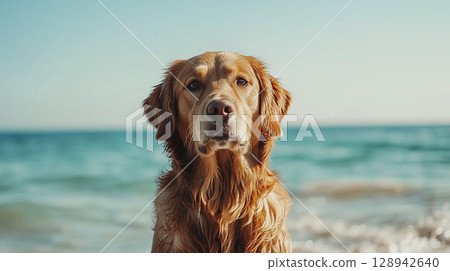 Golden retriever on beach after swimming. Summer vacation, lifeguard and pet travel theme 128942640