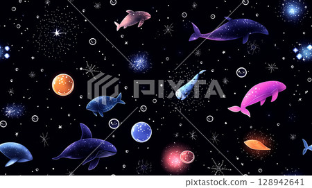 Whimsical cosmic sea life seamless pattern with vibrant whales, dolphins and stars 128942641