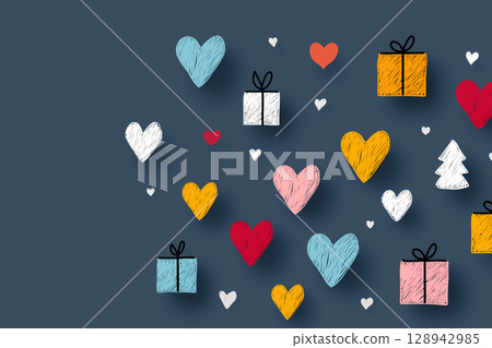 冬季手繪節慶圖案背景，舞動的紅、藍、黃心和禮物 128942985