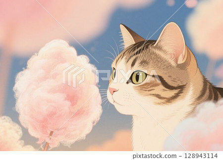 Postcard of a cat gazing at cotton candy 128943114