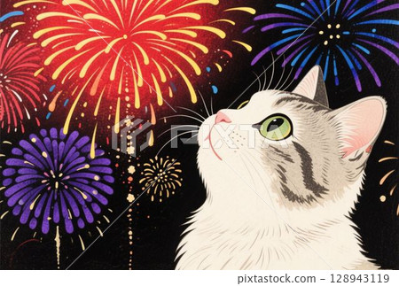 Postcard of a cat enjoying fireworks Postcard of a cat enjoying fireworks 128943119