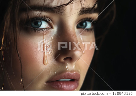 Profile of a crying young woman expressing sadness and pain 128943155