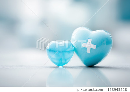A medical image of blue heart-shaped pills lined up on a clean, soft blue-white background 128943228