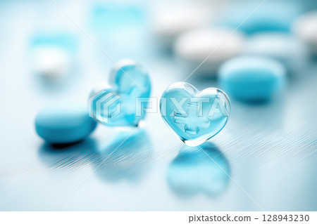 A medical image of blue heart-shaped pills lined up on a clean, soft blue-white background 128943230