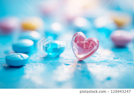 A medical image of blue heart-shaped pills lined up on a clean, soft blue-white background 128943247